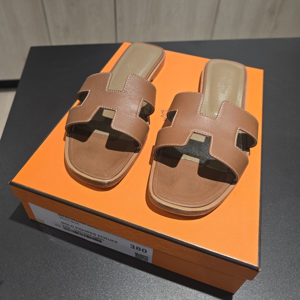 Hermes Oran Gold Sandals - 38